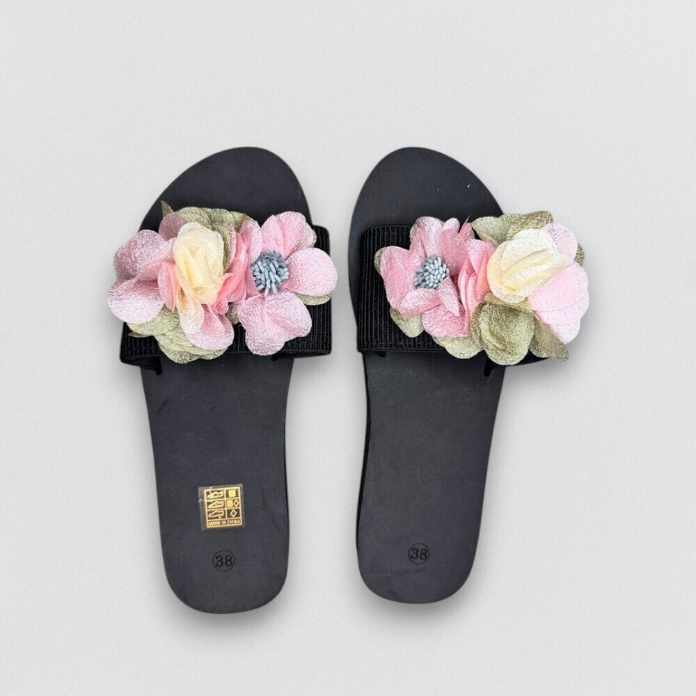Black Floral Slide Sandals Pink Flower Slides Size 38